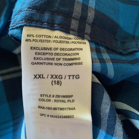 Wrangler Boys' Navy + Blue Plaid ‘Authentics’ Western Shirt; XXL - Picture 5 of 6